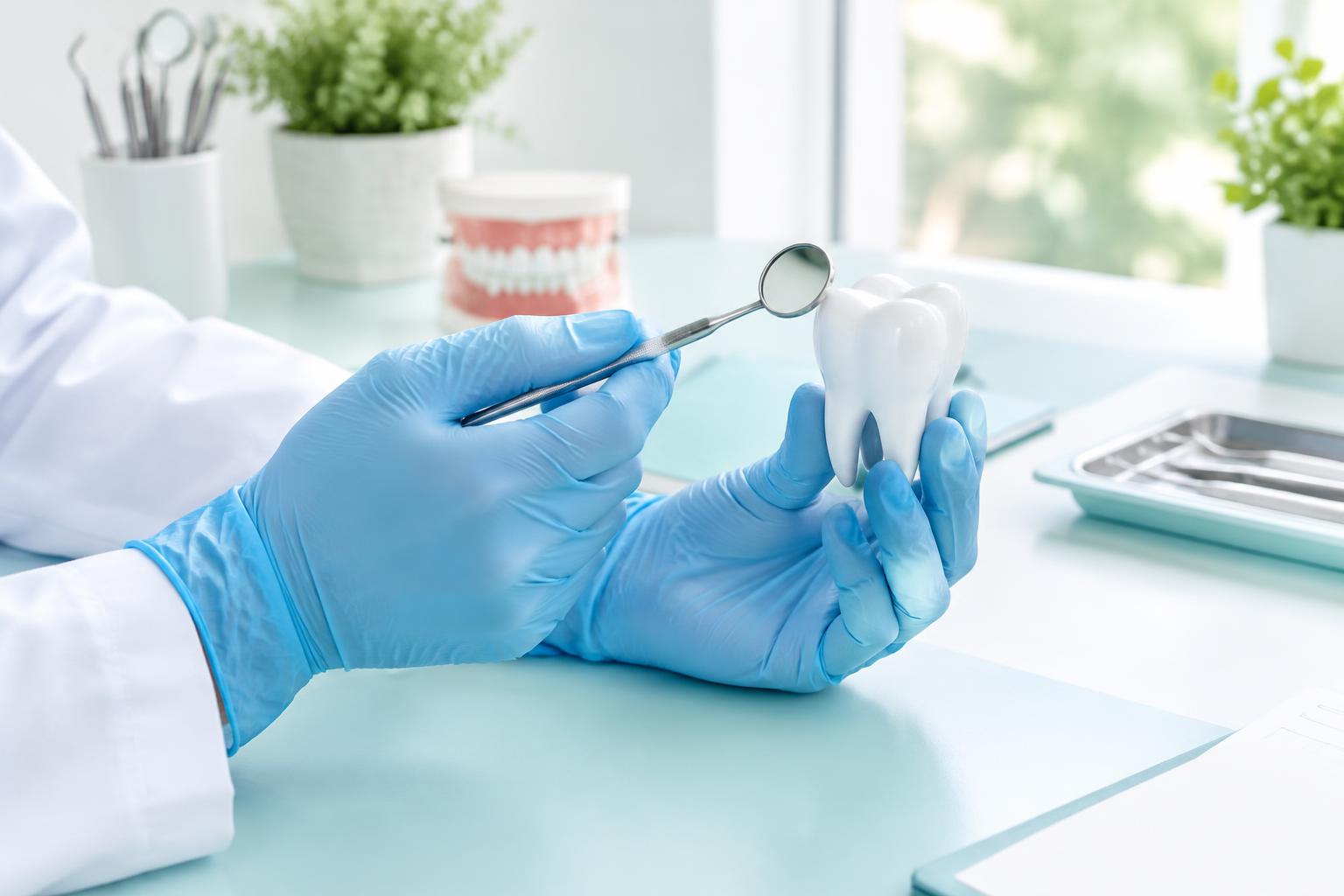 Illustrative gloved hands explaining a tooth model
